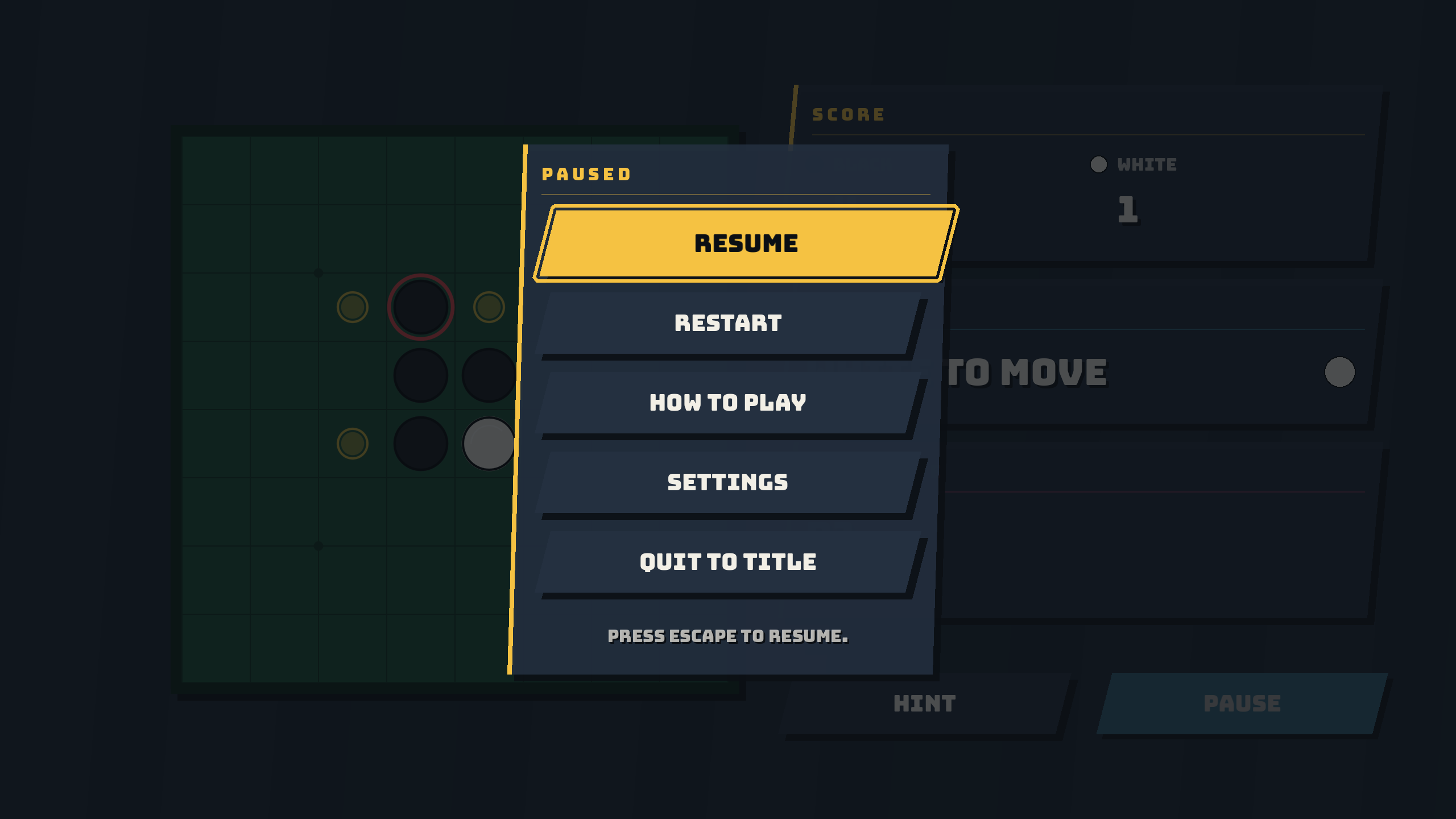 The pause menu over a dimmed board
