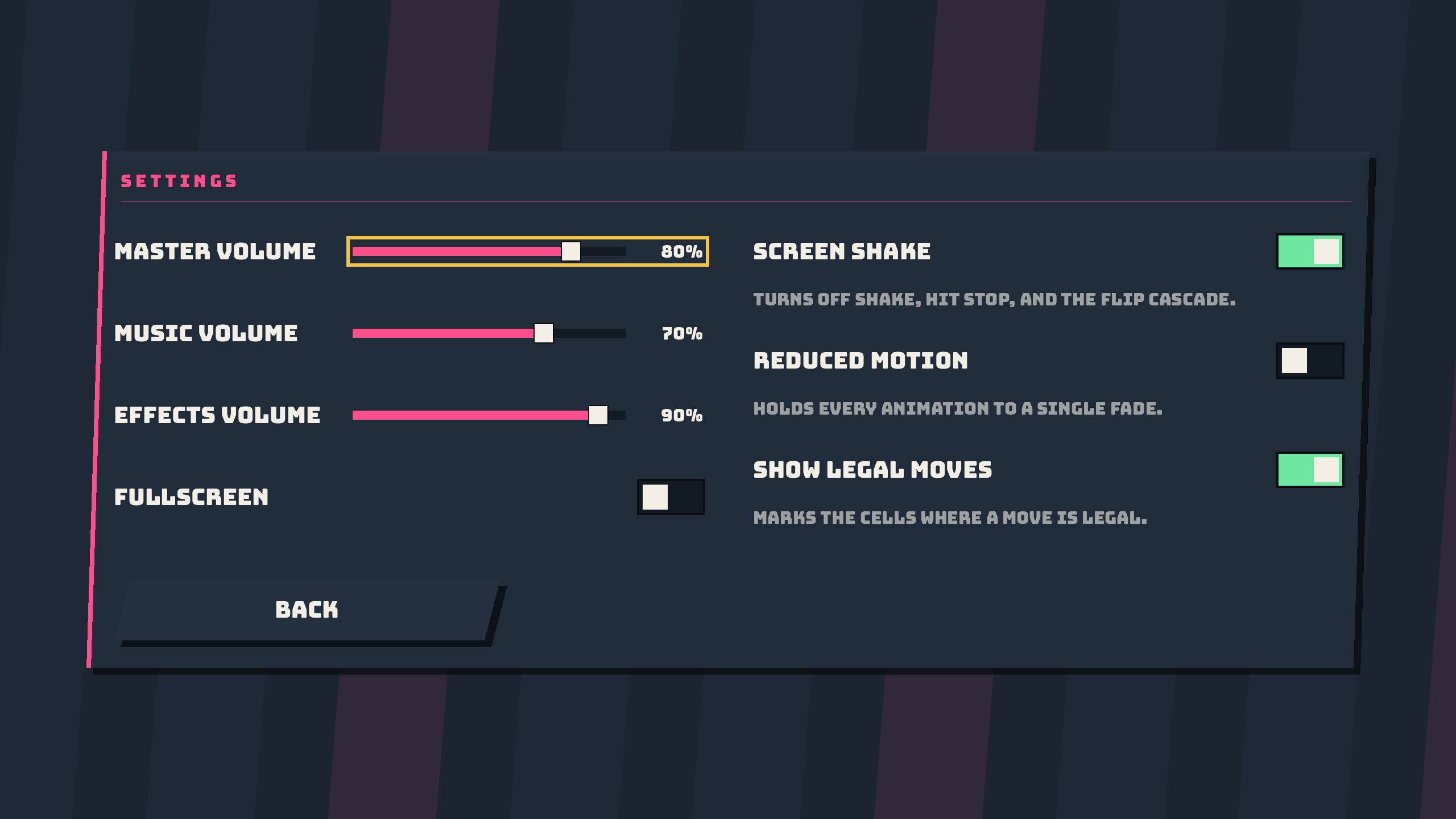Settings, with sliders and toggles drawn in code